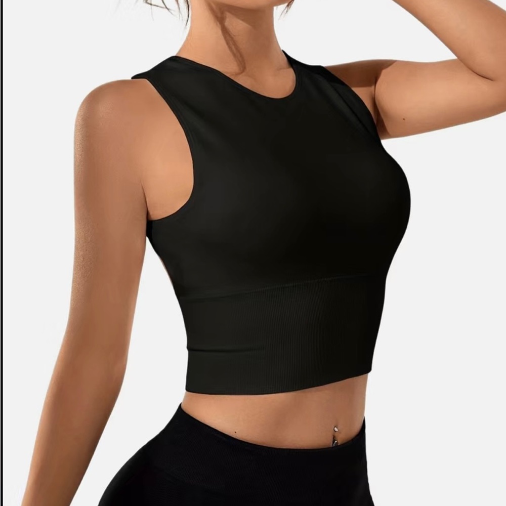 Solid Color Crew Neck Sleeveless Top, Seamless Hollow Out Back Fitness Sport🖤
